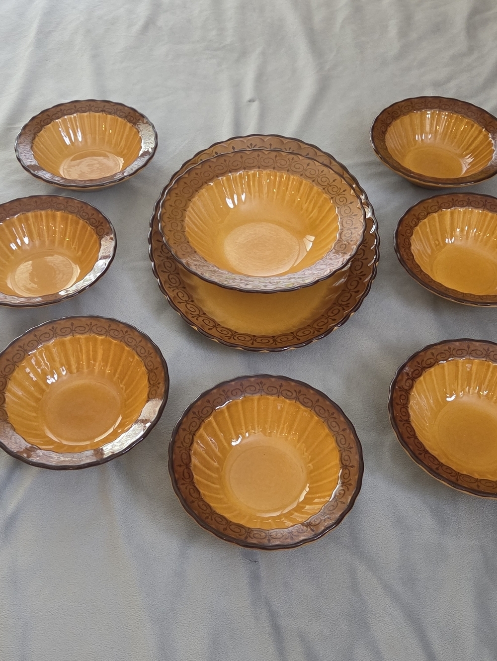 Vintage VERNONWARE METLOX 9 Piece Set San Fernando Gold USA Bowls Serving Plate